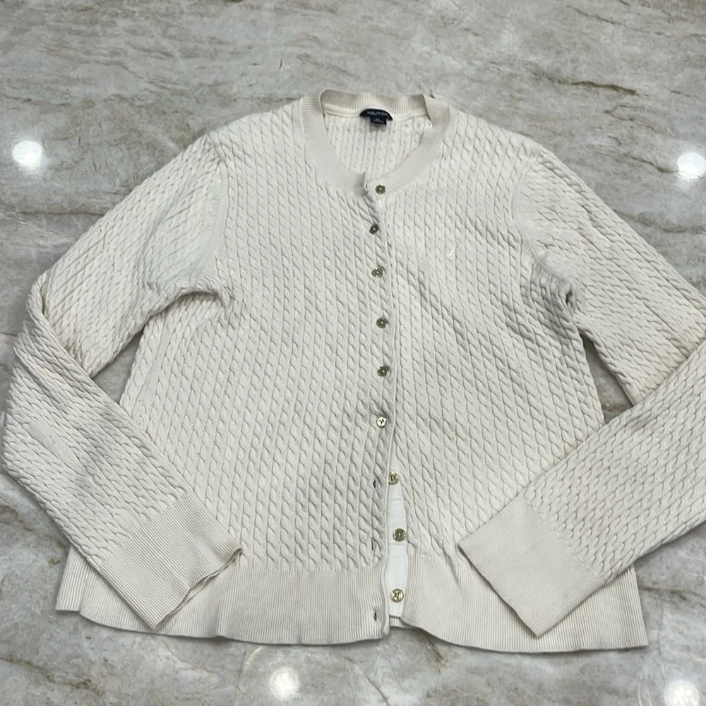 Nautica | 100% Cotton Cable Knit Cardigan |‎ Ivory | Size Large
